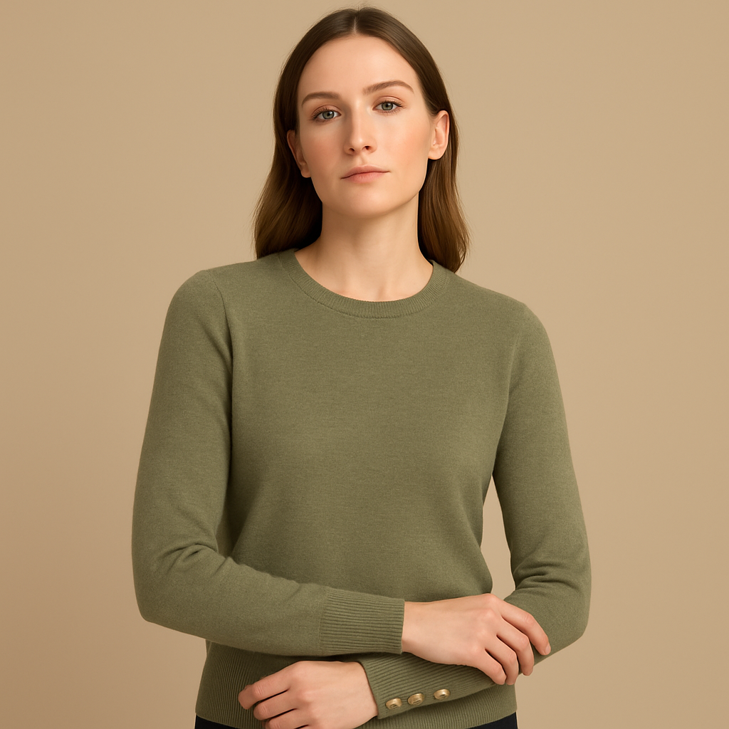 Woman wearing a KAKI sweater against a beige background