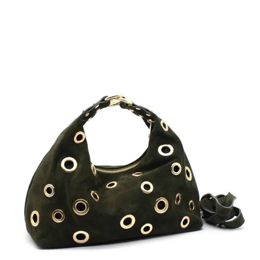 Brown leather Bag with oversized gold eyelets