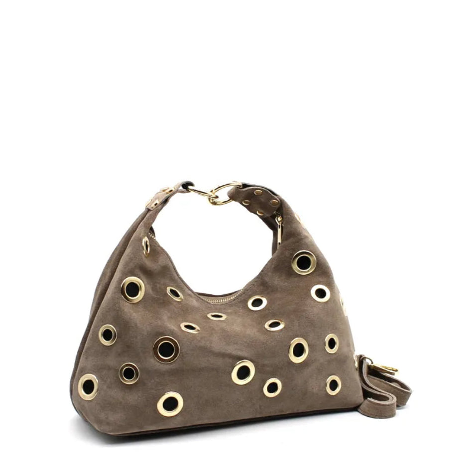 Taupe suede Bag with gold eyelets