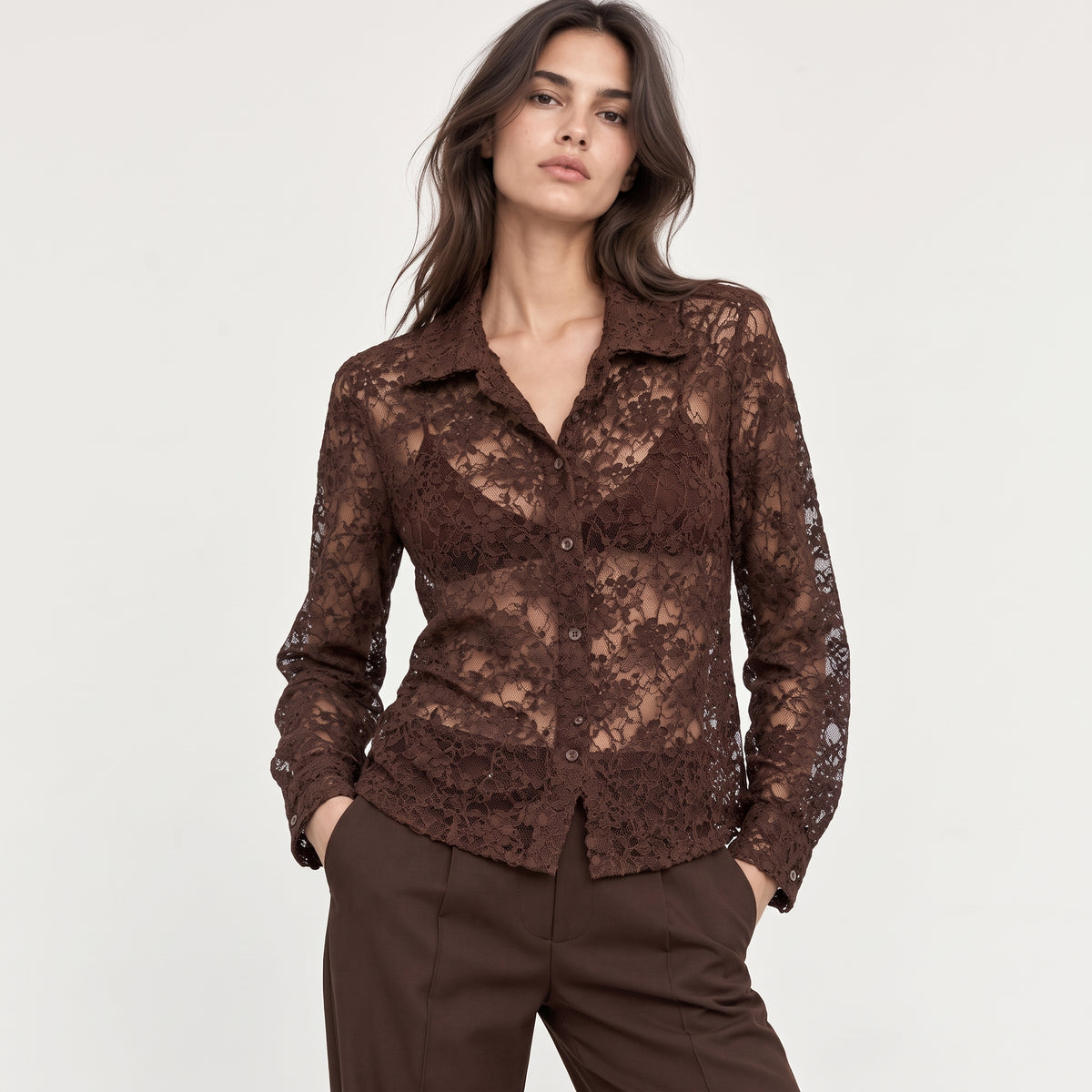 KIDDING brown floral lace long-sleeve button-down shirt