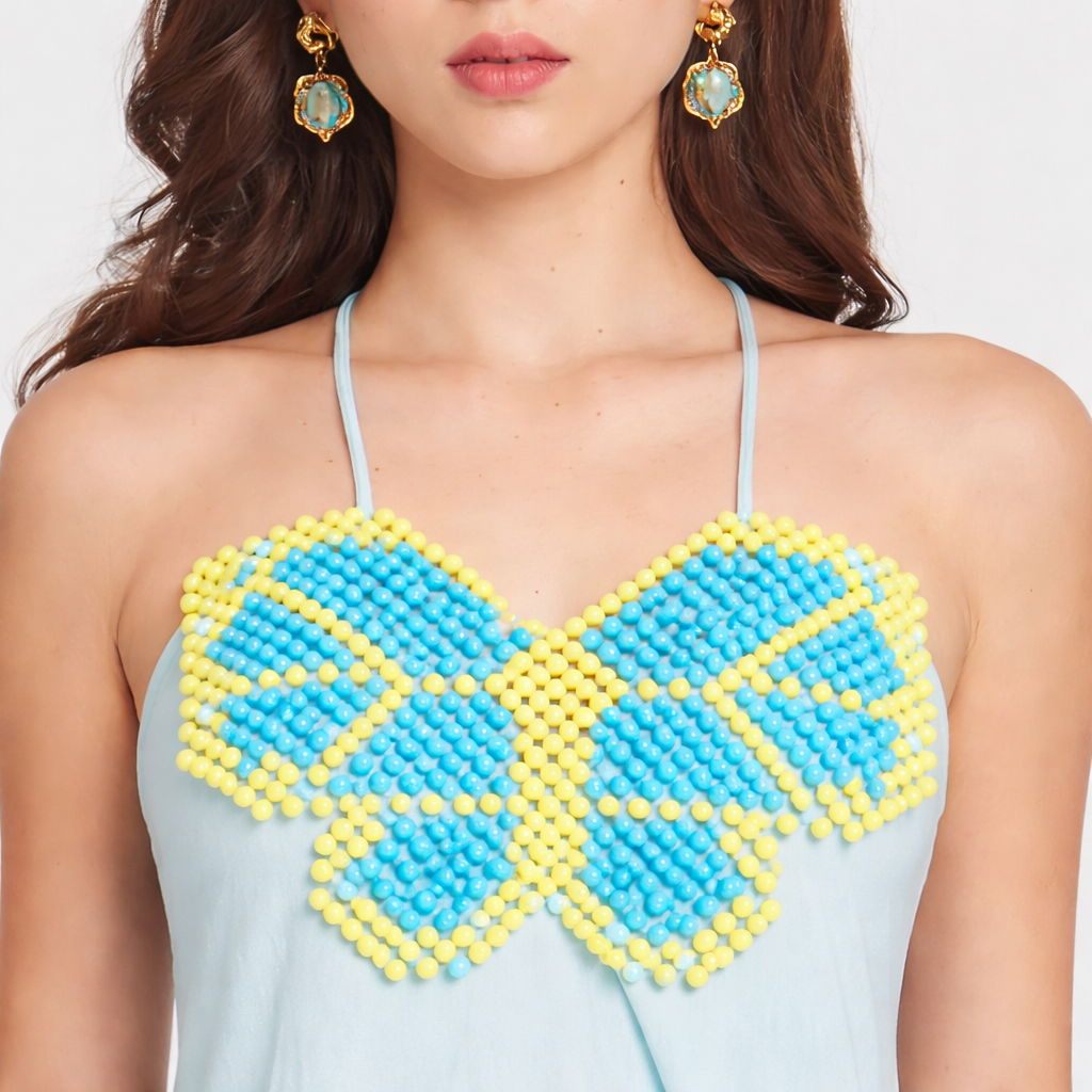 The Butterfly Embroidered Halter Sky Blue Dress