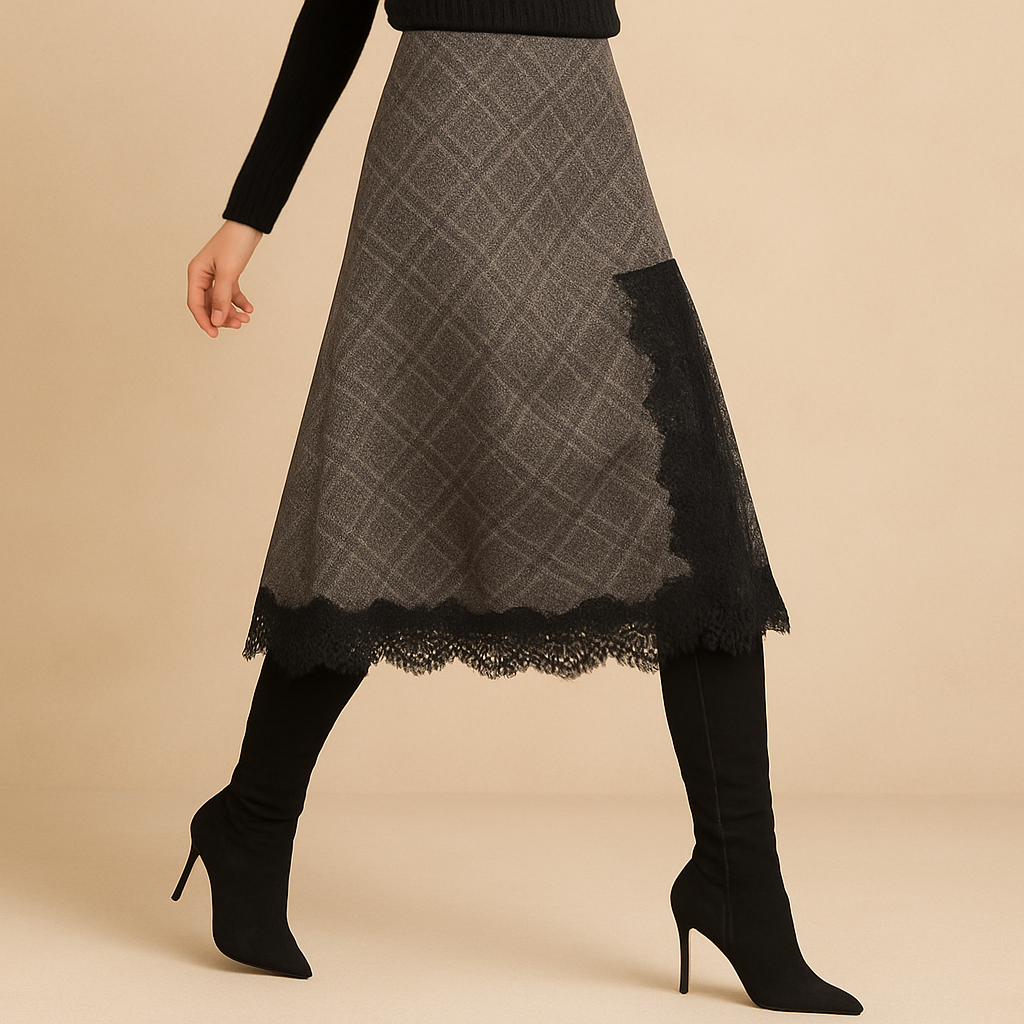 Plaid Midi Skirt with Black Lace Trim – Elegant A-Line Winter Skirt for Women