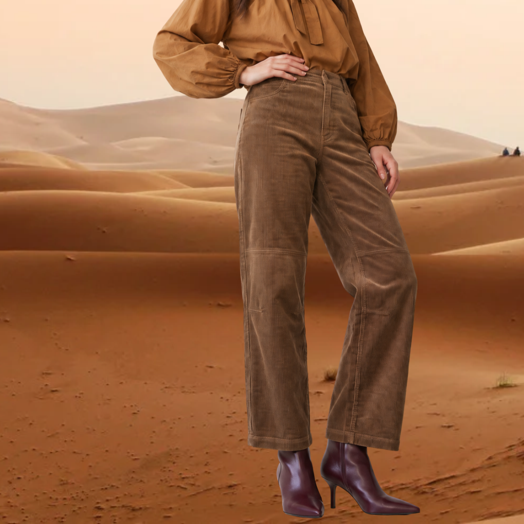 kidding High-waisted, straight-leg corduroy trousers in warm taupe-brown with horizontal knee-seam detailing, styled with burgundy heeled ankle boots.