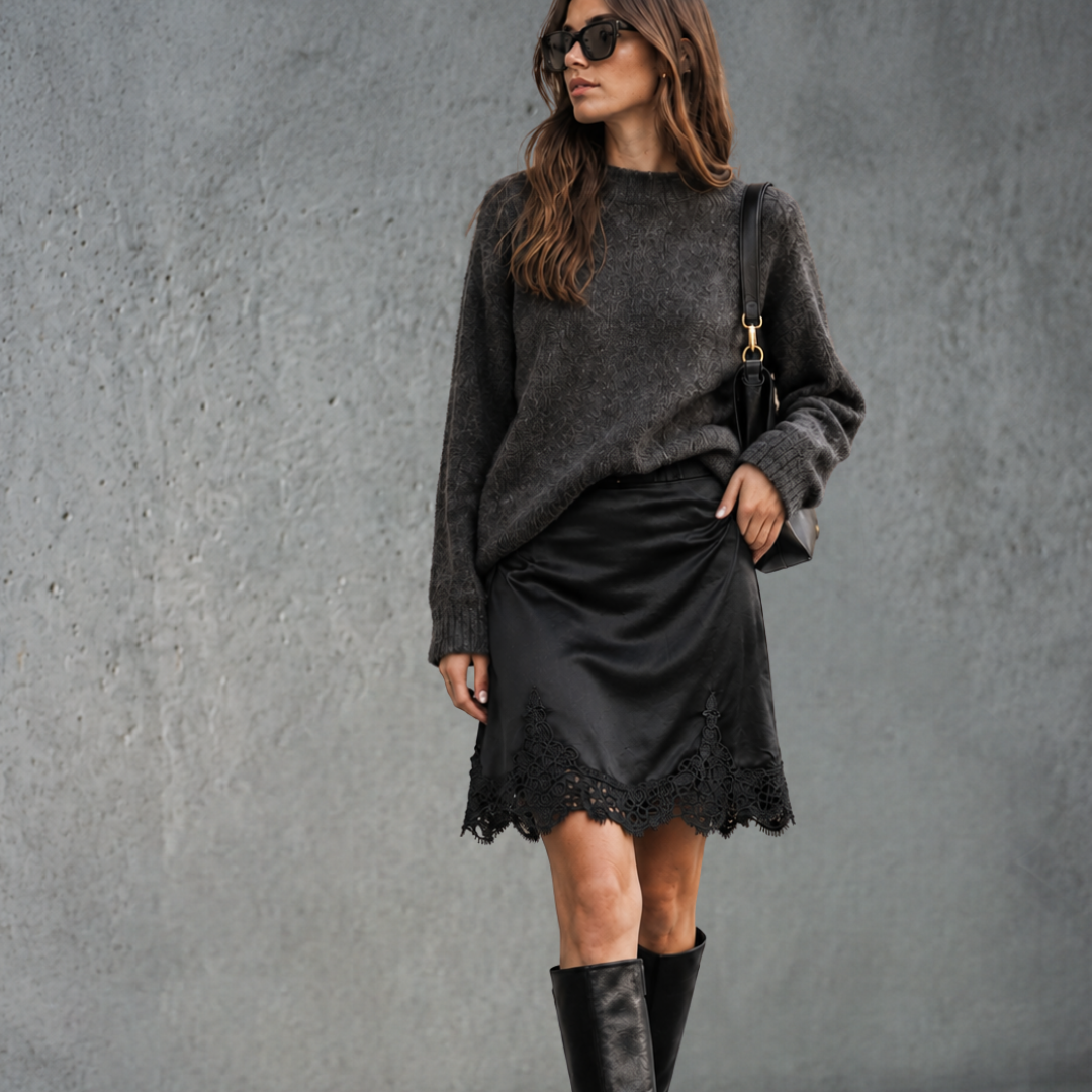 Woman wearing a kidding black satin mini slip skirt with a scalloped lace hem, paired with an oversized charcoal grey knit sweater and black knee-high leather boots.