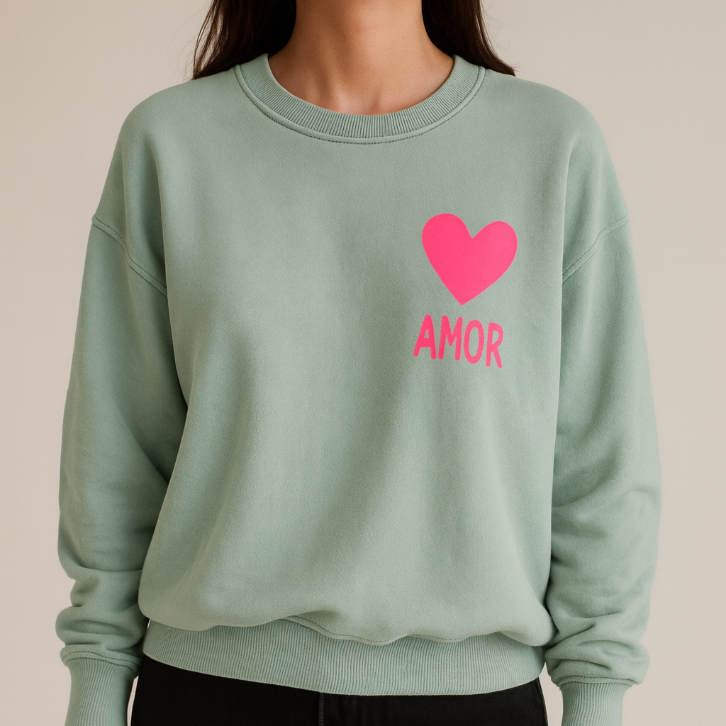 AMOR Heart Sweatshirt - Sage & Neon Pink