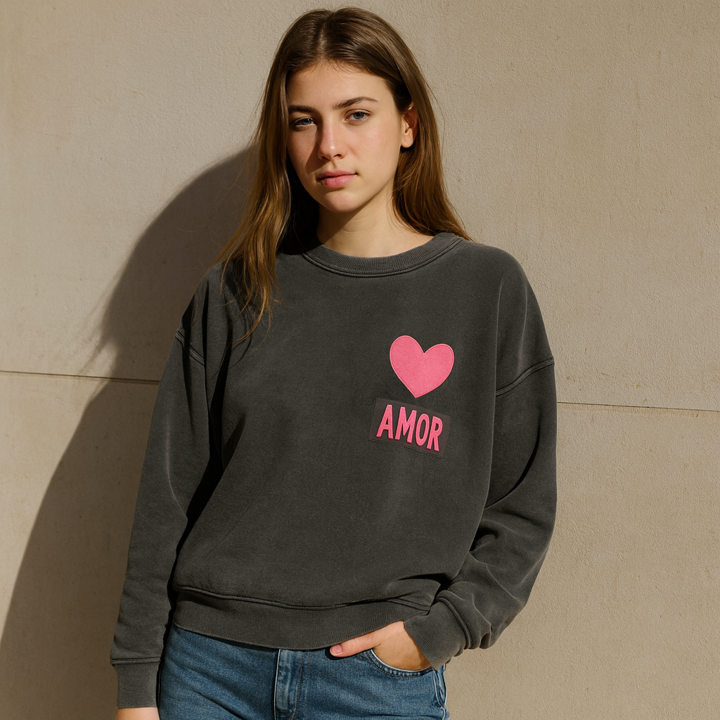 AMOR Heart Sweatshirt - Washed Grey & Neon Pink