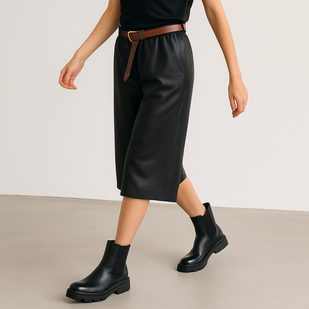 Black Faux-Leather Bermuda Shorts for Women – Below-the-Knee Fit with Belt Detail