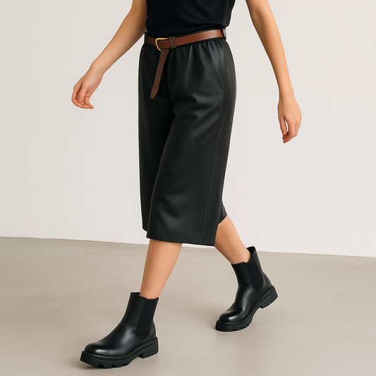 Black Faux-Leather Bermuda Shorts for Women – Below-the-Knee Fit with Belt Detail