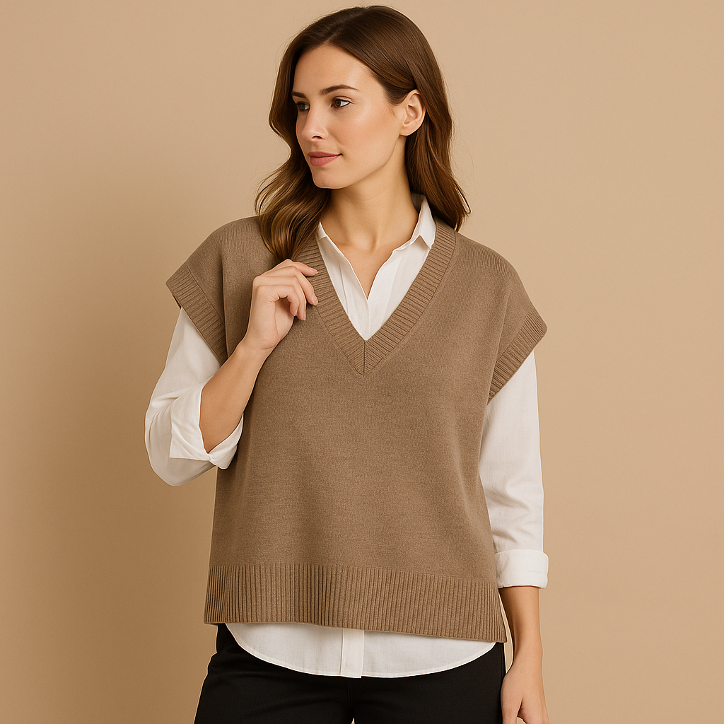 Camel ribbed V-Neck sleeveless Knit