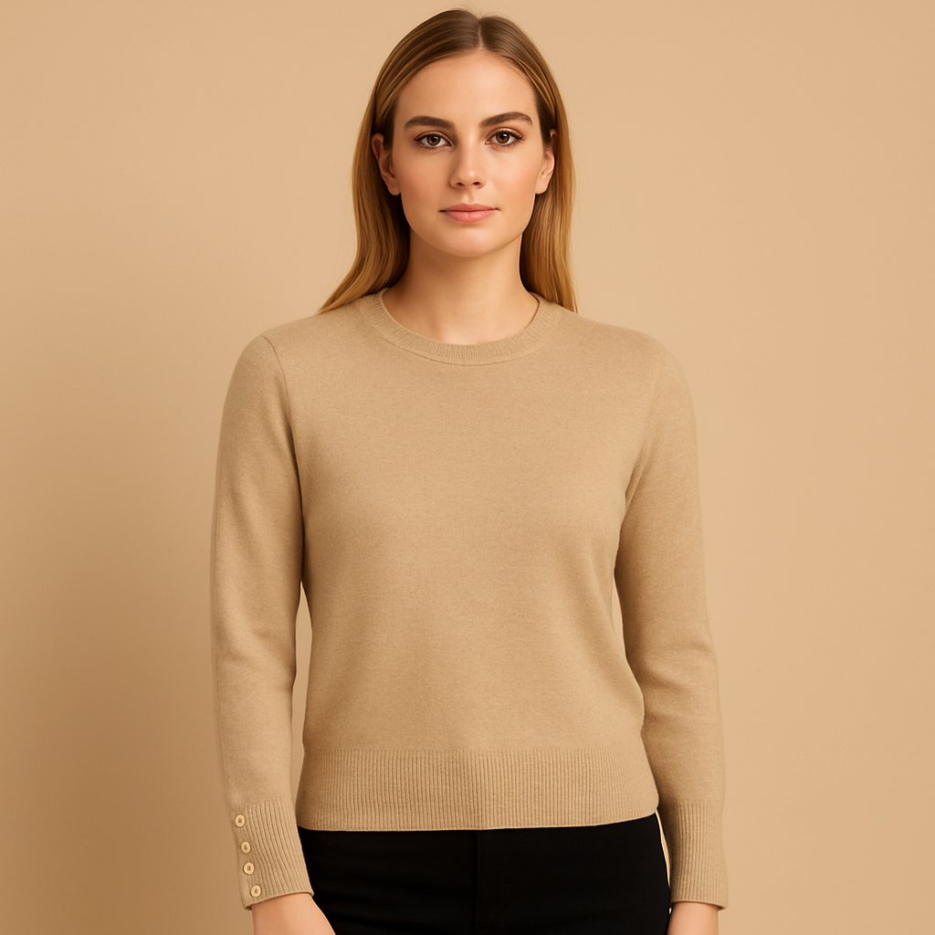 Woman wearing a beige sweater against a beige background
