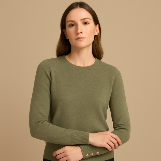 Woman wearing a KAKI sweater against a beige background