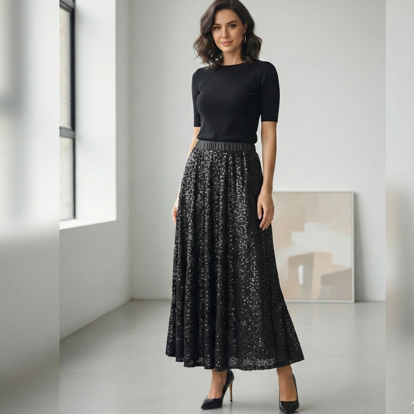 Midnight Sparkle ✨ The Sequin Maxi Black Skirt