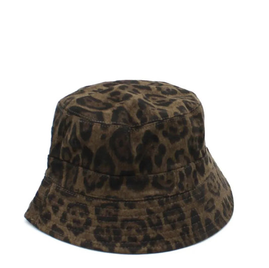 Leopard print bucket hat on a white background