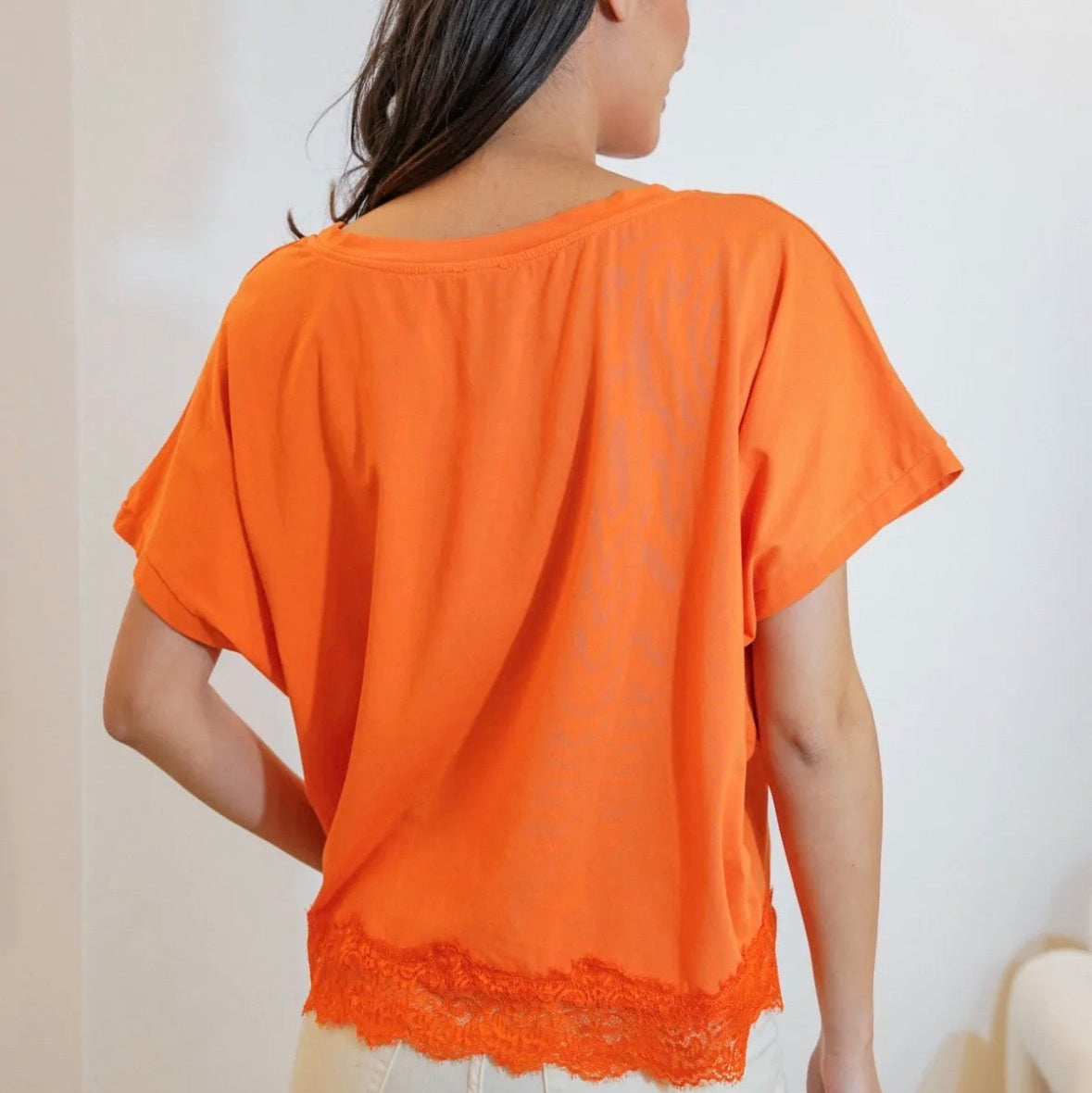 Lace-Trim Boxy Orange Tee
