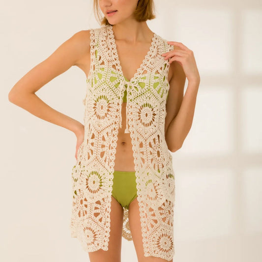 Sleeveless Hippie Boho Crochet Long Vest