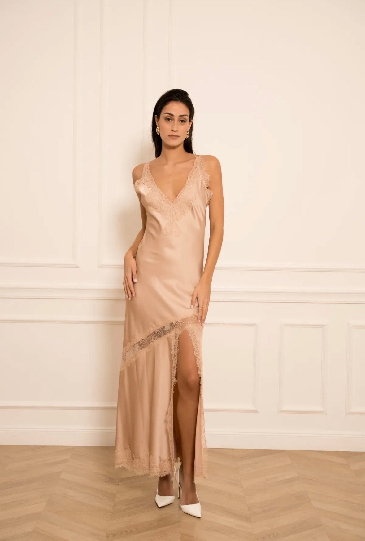 Nude Satin High-Slit Long Dress