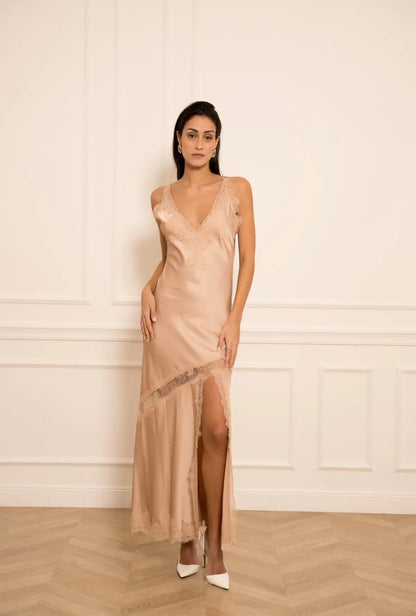 Nude Satin High-Slit Long Dress