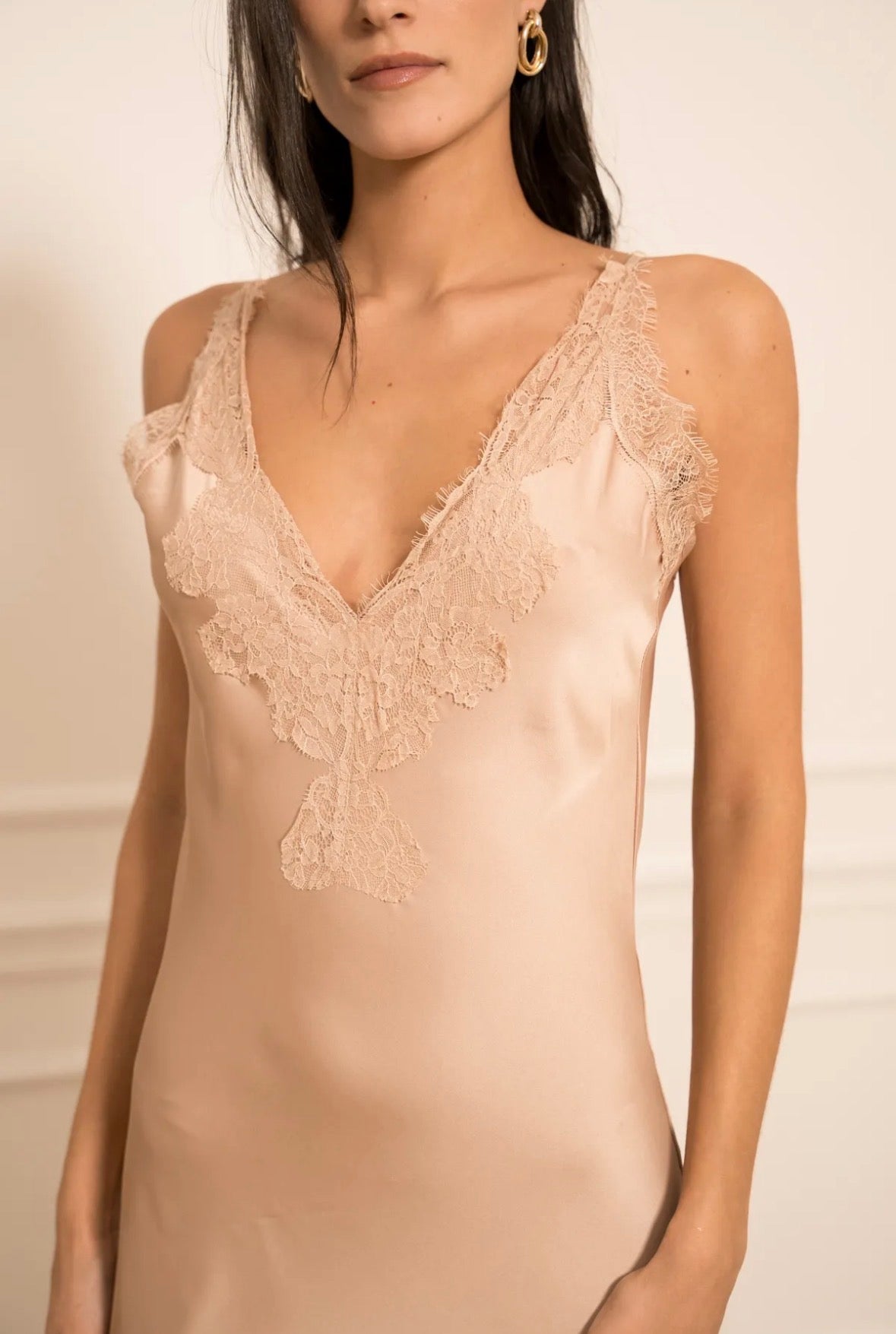 Nude Satin High-Slit Long Dress
