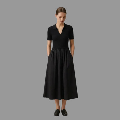 The Black Bi-Material Polo Midi Dress
