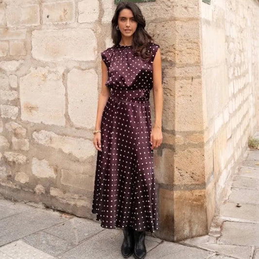 The Plum Polka Dot Satin Midi Skirt