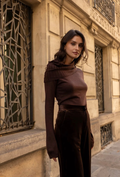 Chocolate Brown Fold-Over Ribbed Knit Top