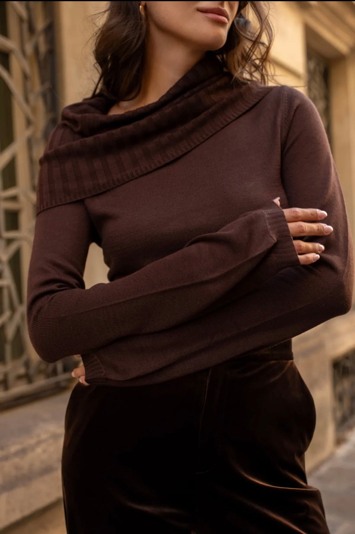 Chocolate Brown Fold-Over Ribbed Knit Top