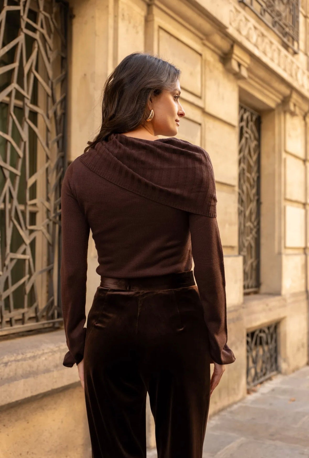 Chocolate Brown Fold-Over Ribbed Knit Top
