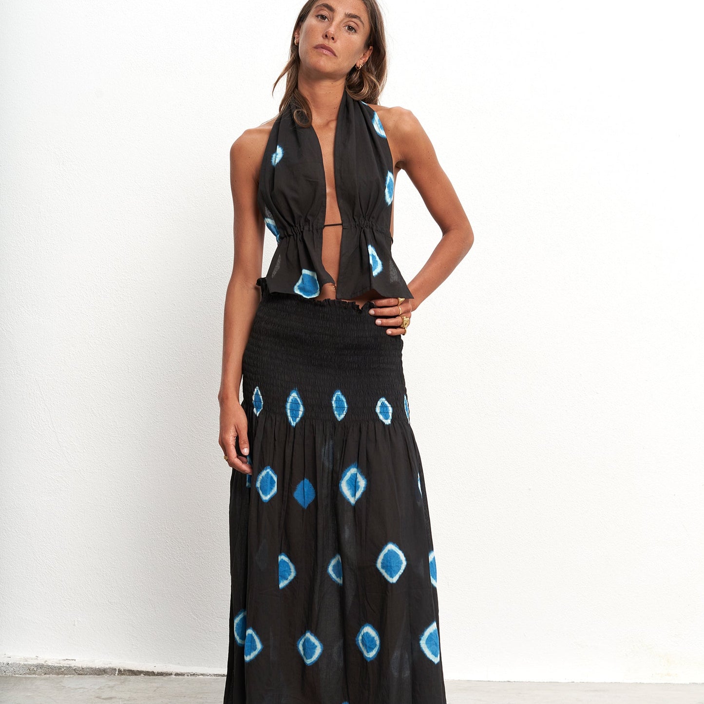 The Open-Back Halter Top – Indigo Dot