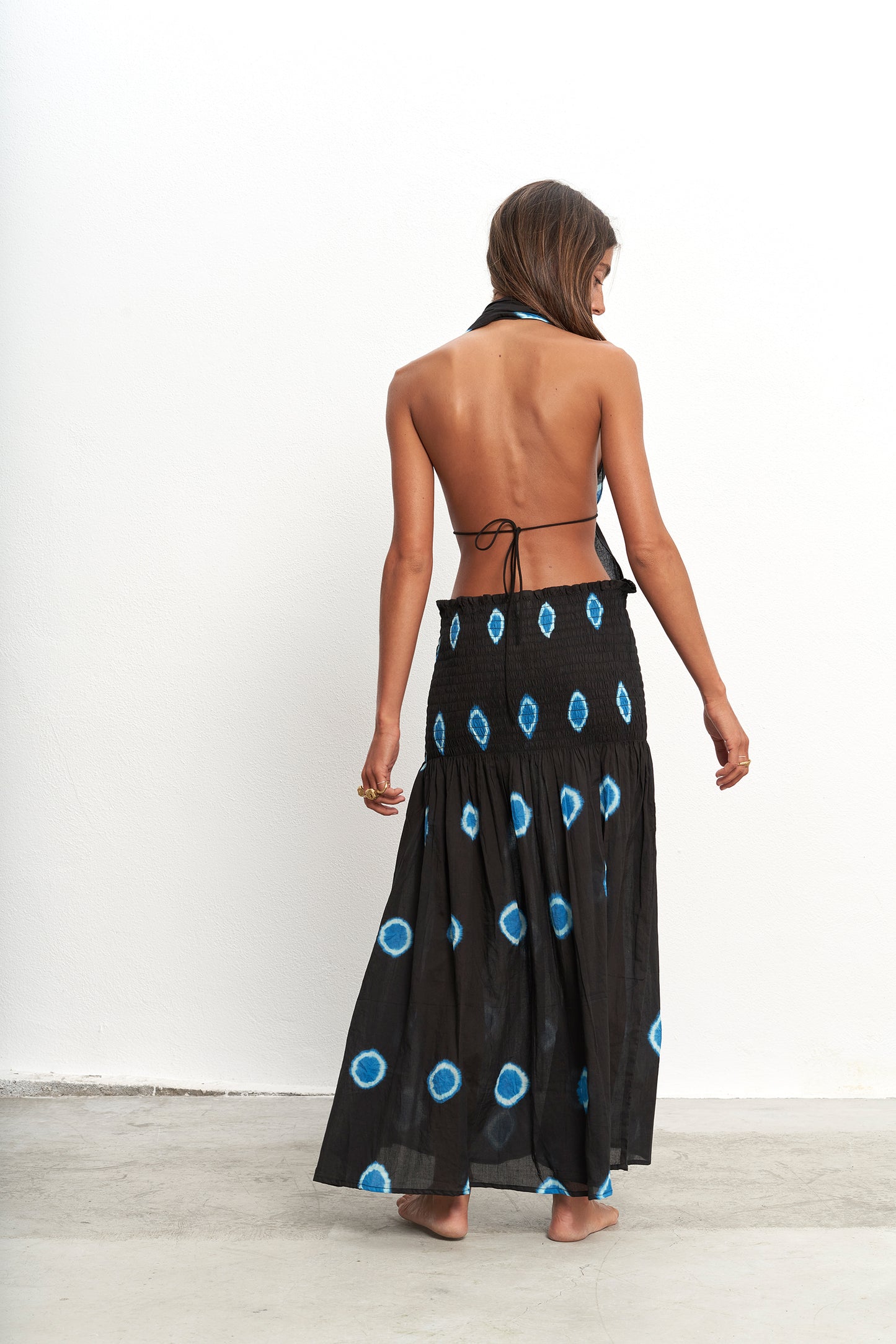 The Open-Back Halter Top – Indigo Dot