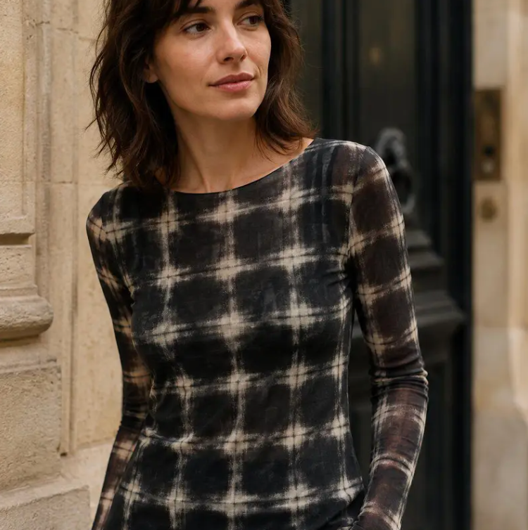 KIDDING Semi-sheer long-sleeve check print top viscose-cashmere blend, displayed on a plain white background
