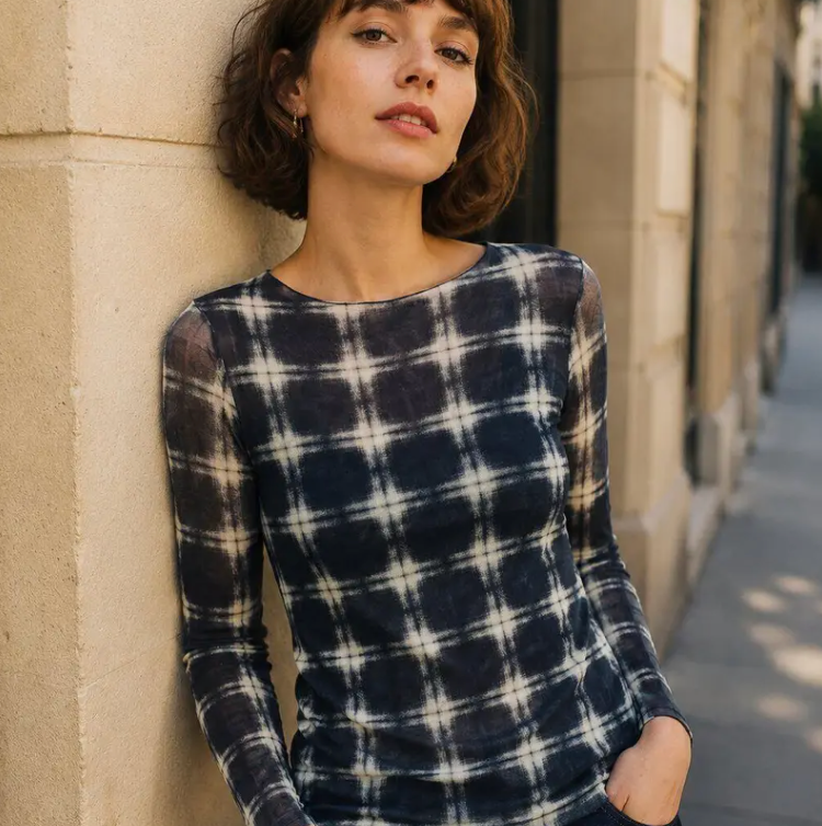 KIDDING Semi-sheer long-sleeve check print top viscose-cashmere blend, displayed on a plain white background