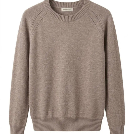 KIDDING Taupe beige knit raglan sweater with a ribbed crew neck and pointelle detail along the shoulders, displayed flat against a plain white background
