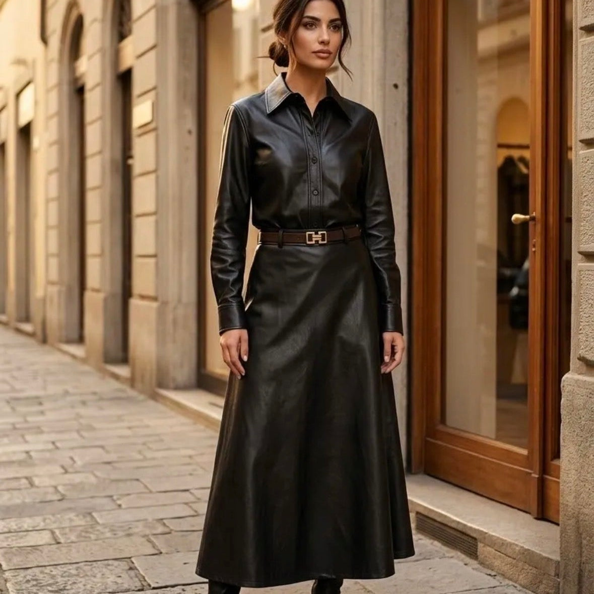 Model wearing KIDDING black high-waisted flared leather midi skirt with belt loops, paired with a matching black leather shirt and pointed heel boots on a Paris street