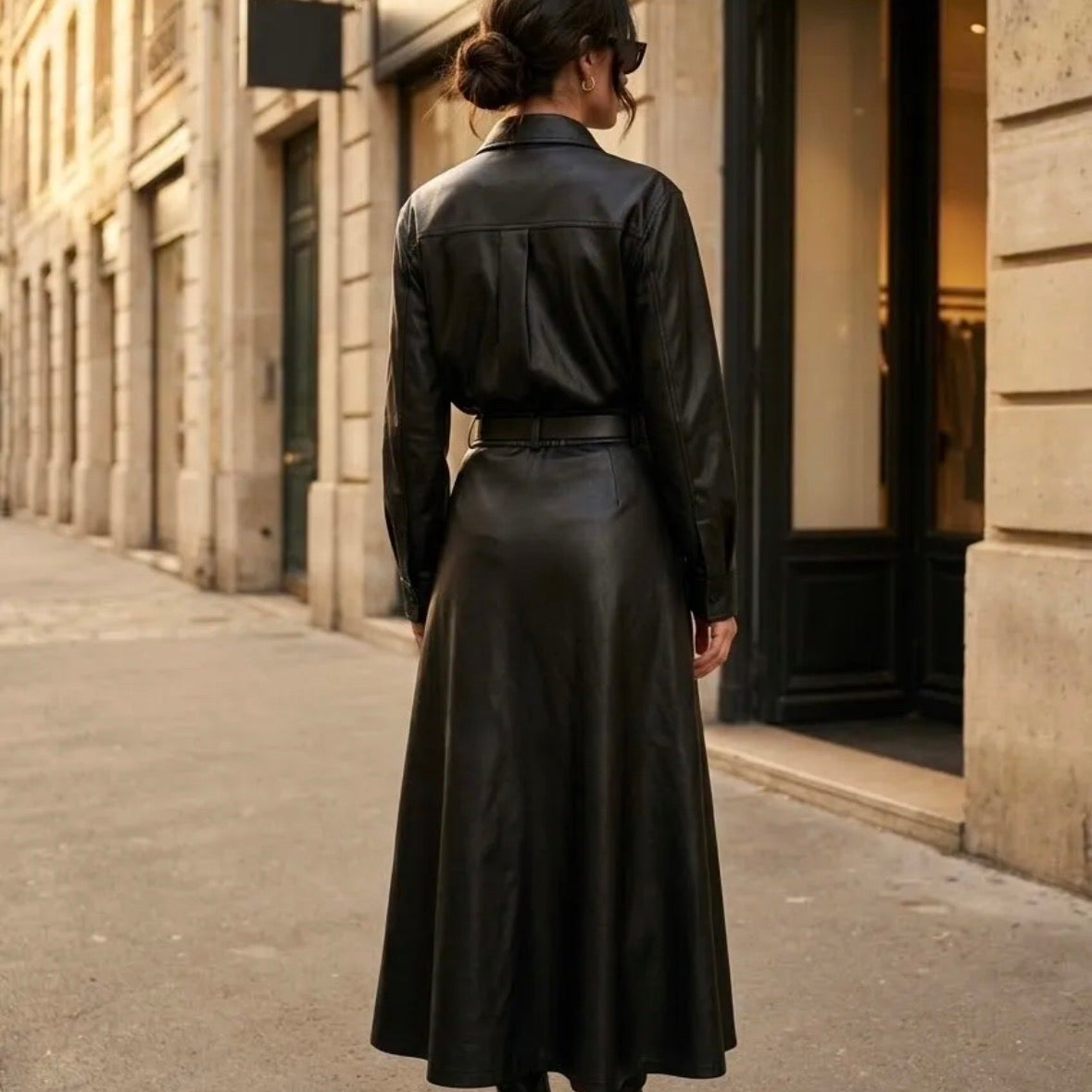 Model wearing KIDDING black high-waisted flared leather midi skirt with belt loops, paired with a matching black leather shirt and pointed heel boots on a Paris street
