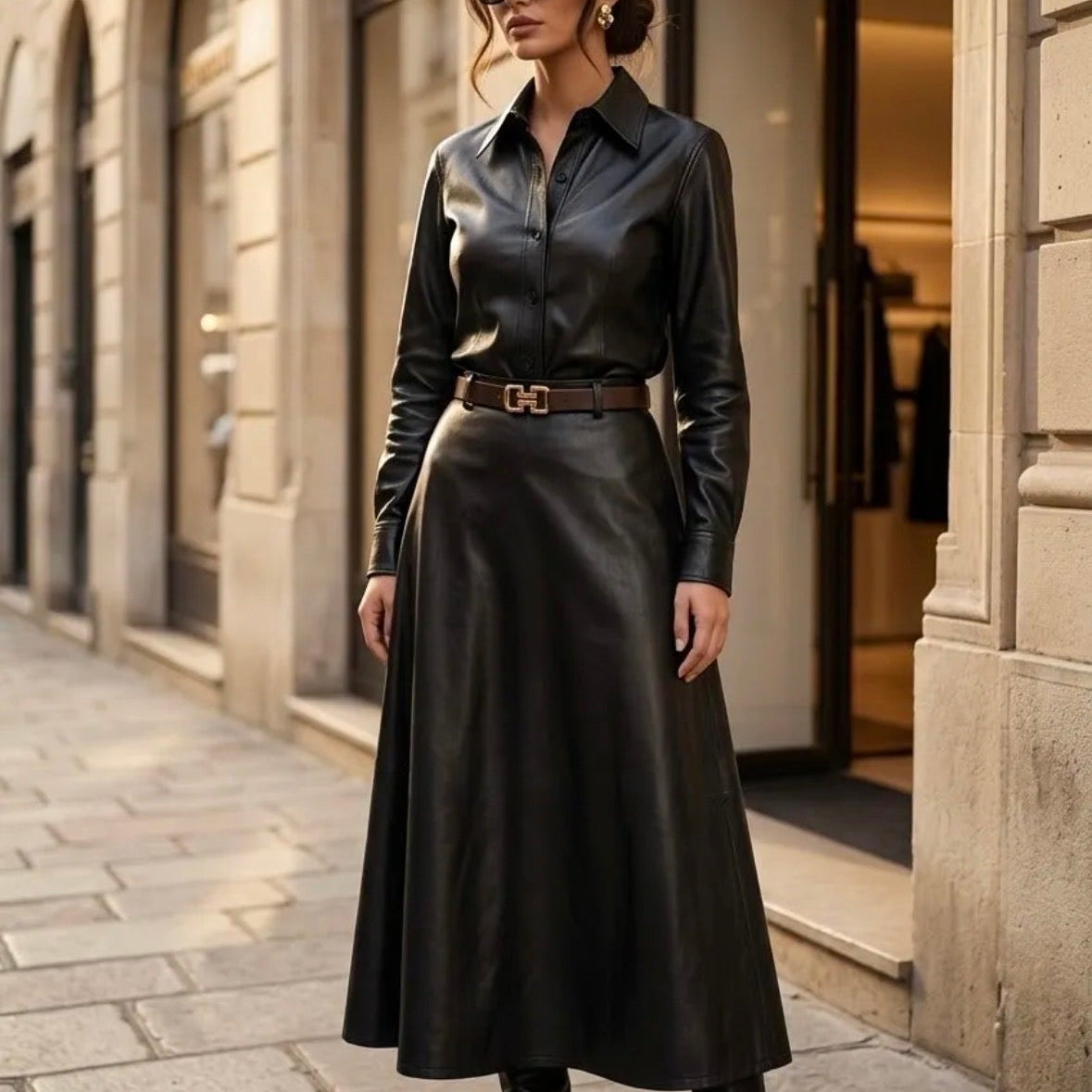 Model wearing KIDDING black high-waisted flared leather midi skirt with belt loops, paired with a matching black leather shirt and pointed heel boots on a Paris street