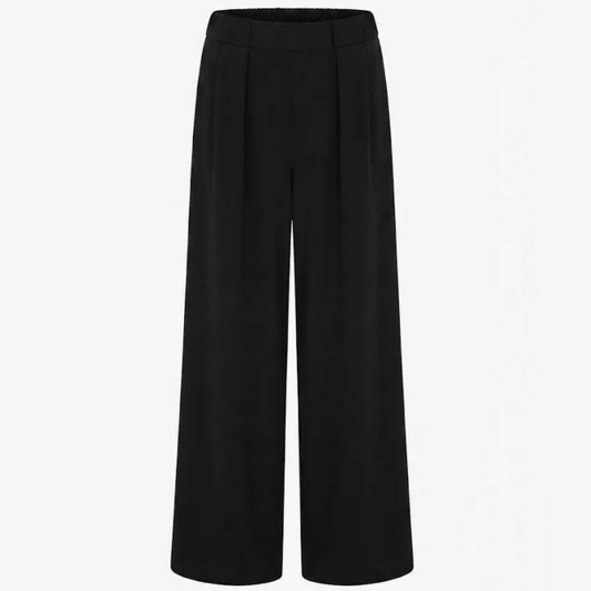 A studio product shot on a white background showing KIDDING black high-waisted wide-leg tailored trousers with front pleats.