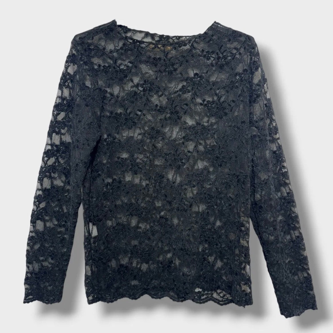 A KIDDING black lace long-sleeve top with a round neckline, displayed against a light gray background.