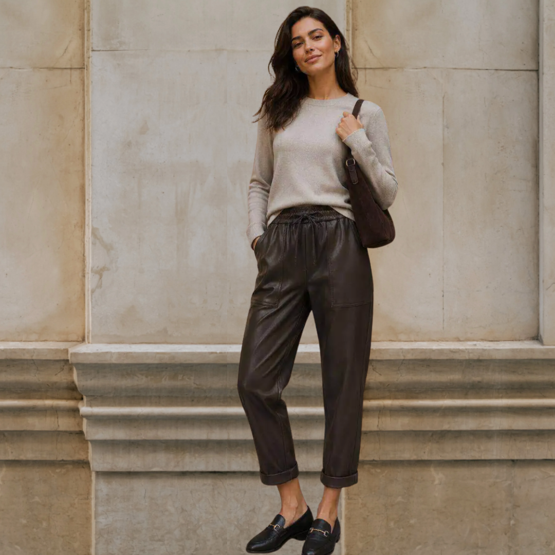 Full-length portrait of a brunette woman standing against a neutral stone building, wearing KIDDING black leather-look drawstring trousers with cuffed ankles, a soft oatmeal-colored crewneck sweater, and black leather loafers