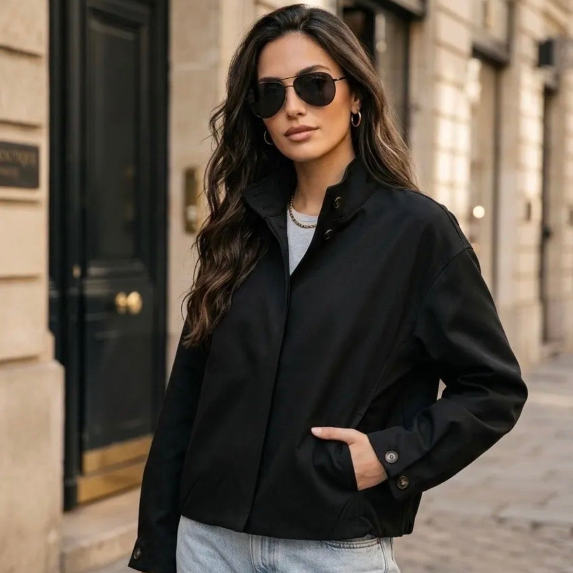 Model wearing KIDDING black stand-collar jacket with hidden front zip, angled welt pockets, paired with light-wash jeans and aviator sunglasses on a Paris street