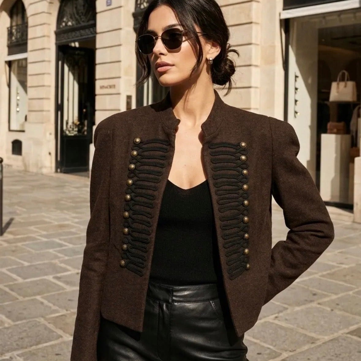 model wearing KIDDING espresso brown wool Napoleon military jacket