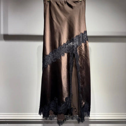 KIDDING chocolate brown satin long skirt 