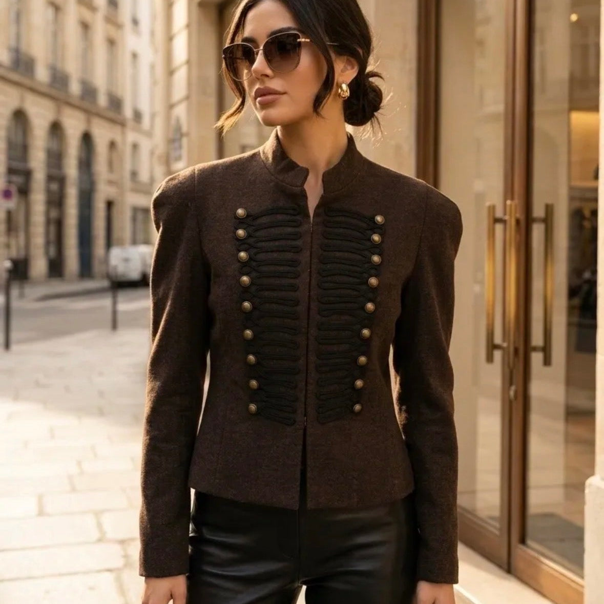 Model wearing KIDDING espresso brown wool military jacket with black braided frogging, antique brass buttons, and Mandarin collar paired with black leather pants