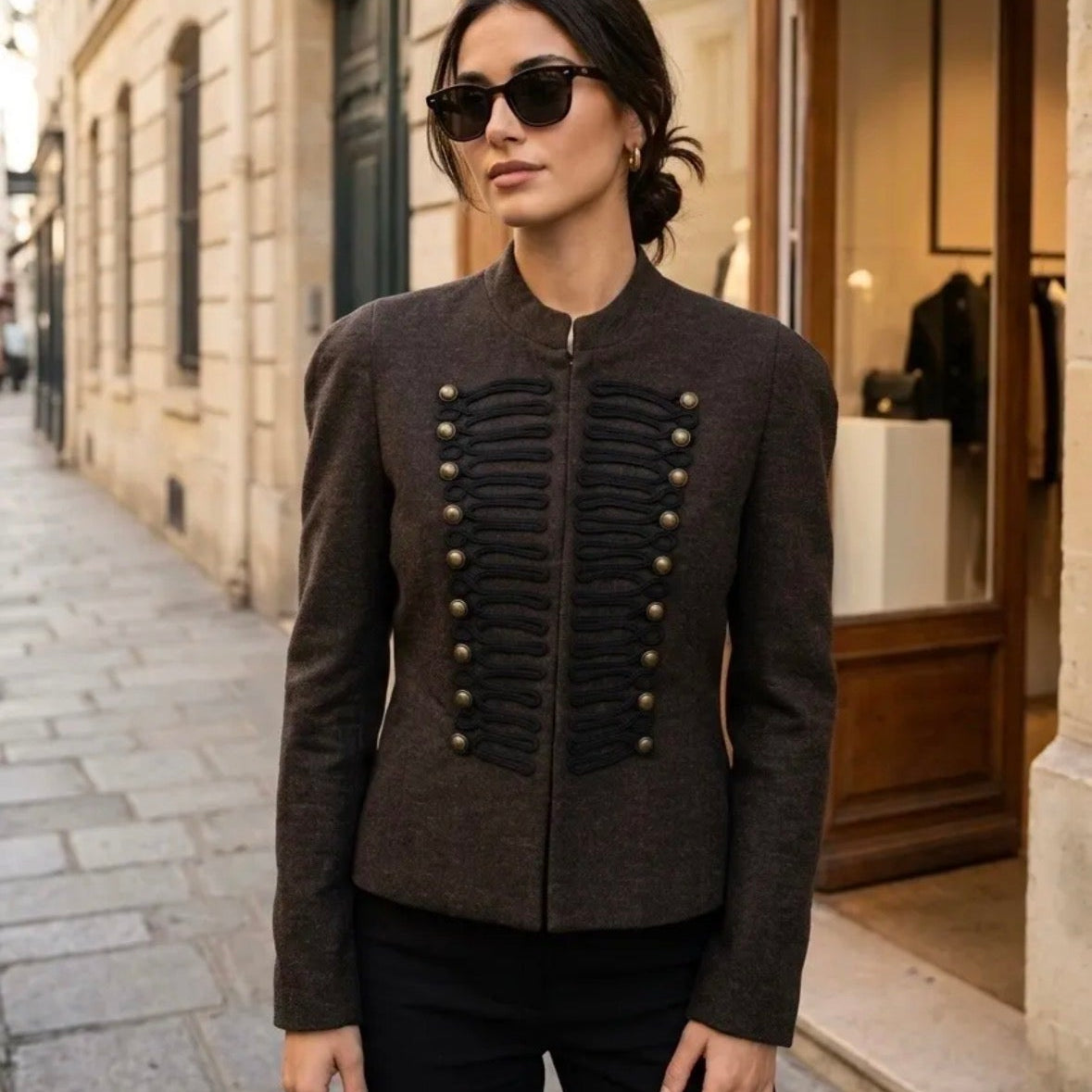 Model wearing KIDDING espresso brown wool military jacket with black braided frogging, antique brass buttons, and Mandarin collar paired with black leather pants