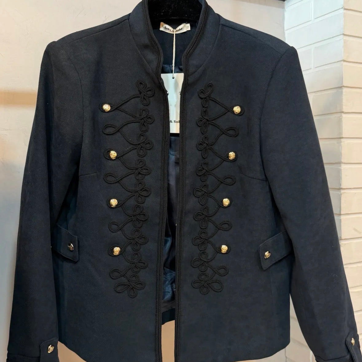  KIDDING marine military jacket with black braided scroll frogging, gold dome buttons
