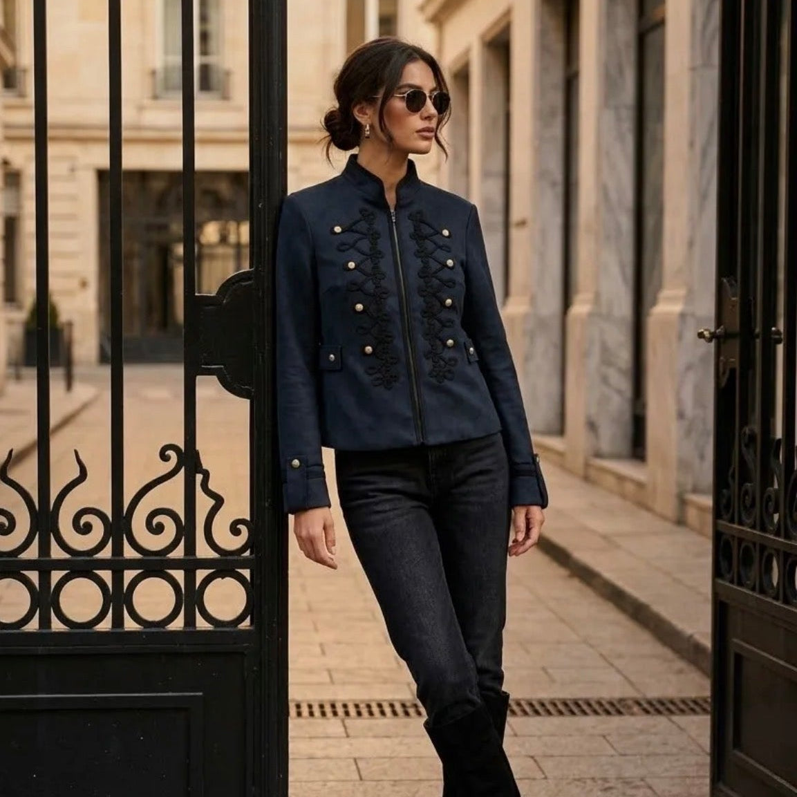Model wearing KIDDING marine military jacket with black braided scroll frogging, gold dome buttons