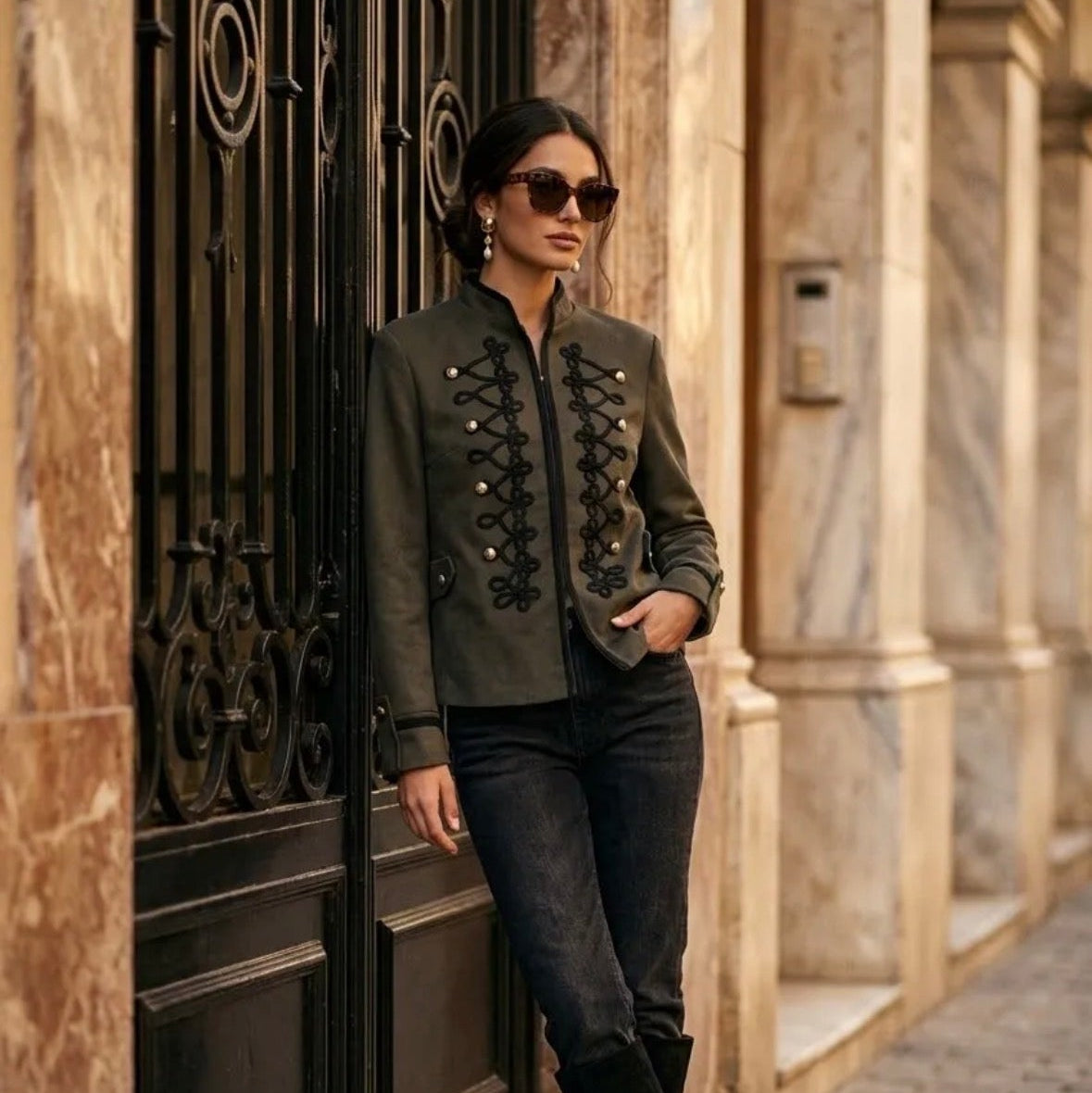 Model wearing KIDDING olive green suede military Napoleon jacket with black braided scroll frogging, gold dome buttons, Mandarin collar, and black piping paired with dark jeans and boots