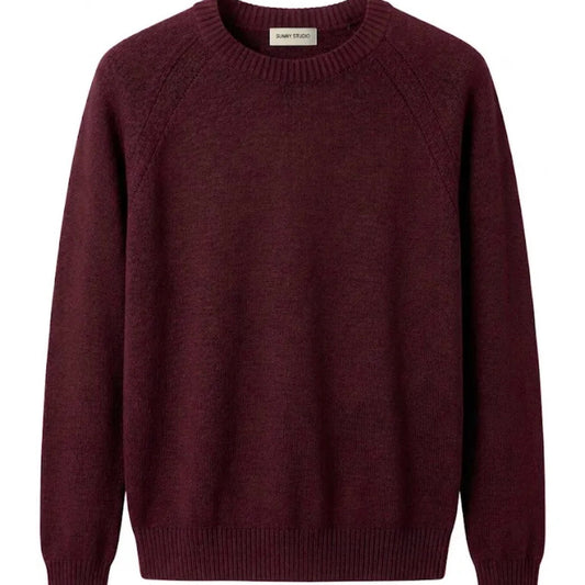 KIDDING wine knit raglan sweater with a ribbed crew neck and pointelle detail along the shoulders, displayed flat against a plain white background