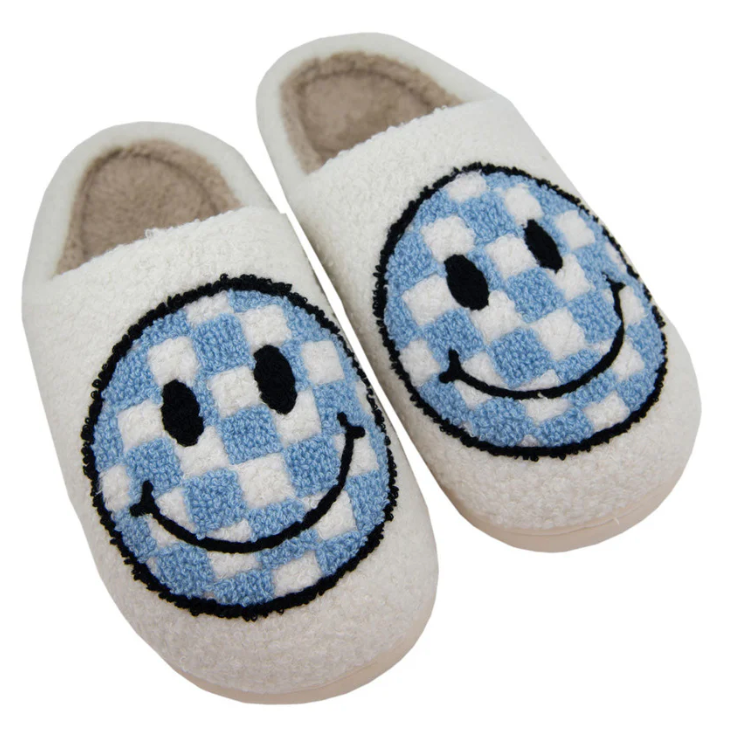 Light Blue Checkered Happy Face Sherpa Slippers