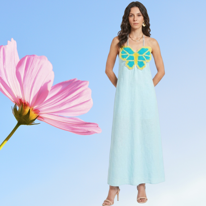 The Butterfly Embroidered Halter Sky Blue Dress