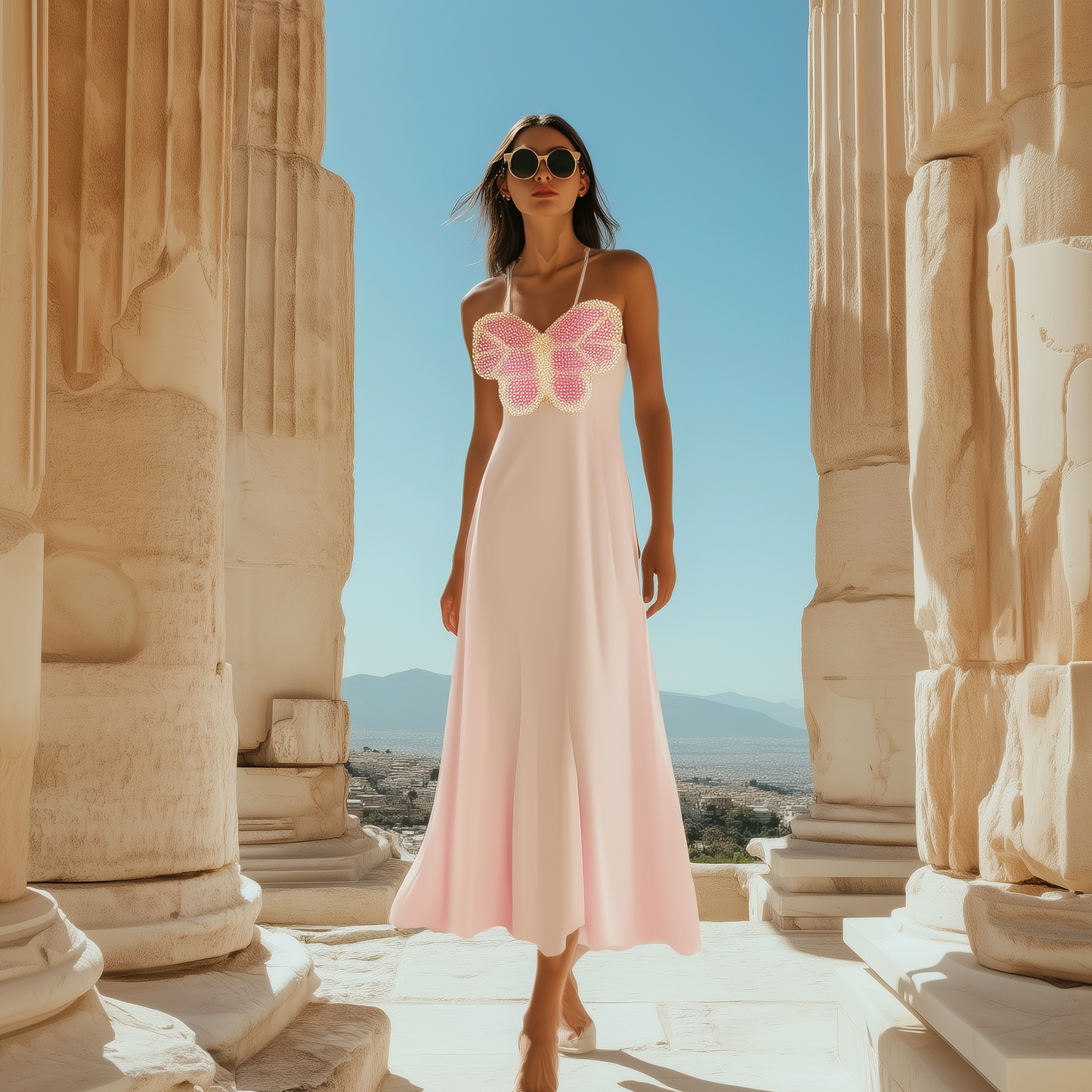 The Butterfly Embroidered Halter Pink Dress